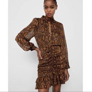 Zara Brown Snake-Print Long Sleeve Ruffle Dress